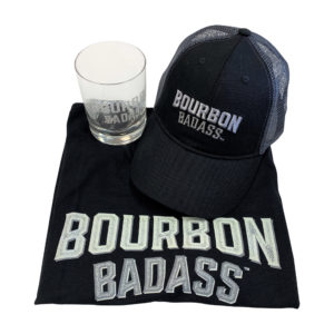 Bourbon badass starter set with rocks glass shirt and hat
