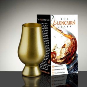 gold glencairn glass with full color box with gray background