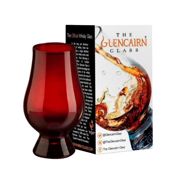 red glencairn whiskey glass with full color box