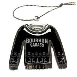Ugly sweater ornament in black with the Bourbon Badass logo