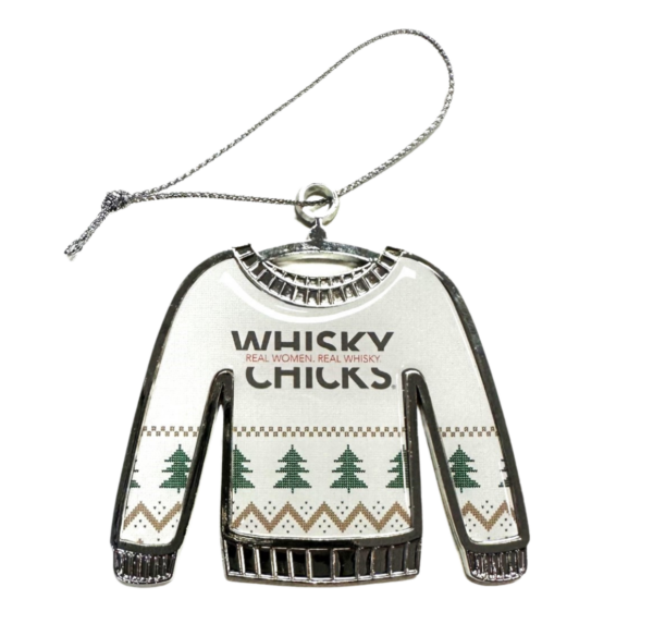 Sweater shaped ornament with the whisky chicks logo